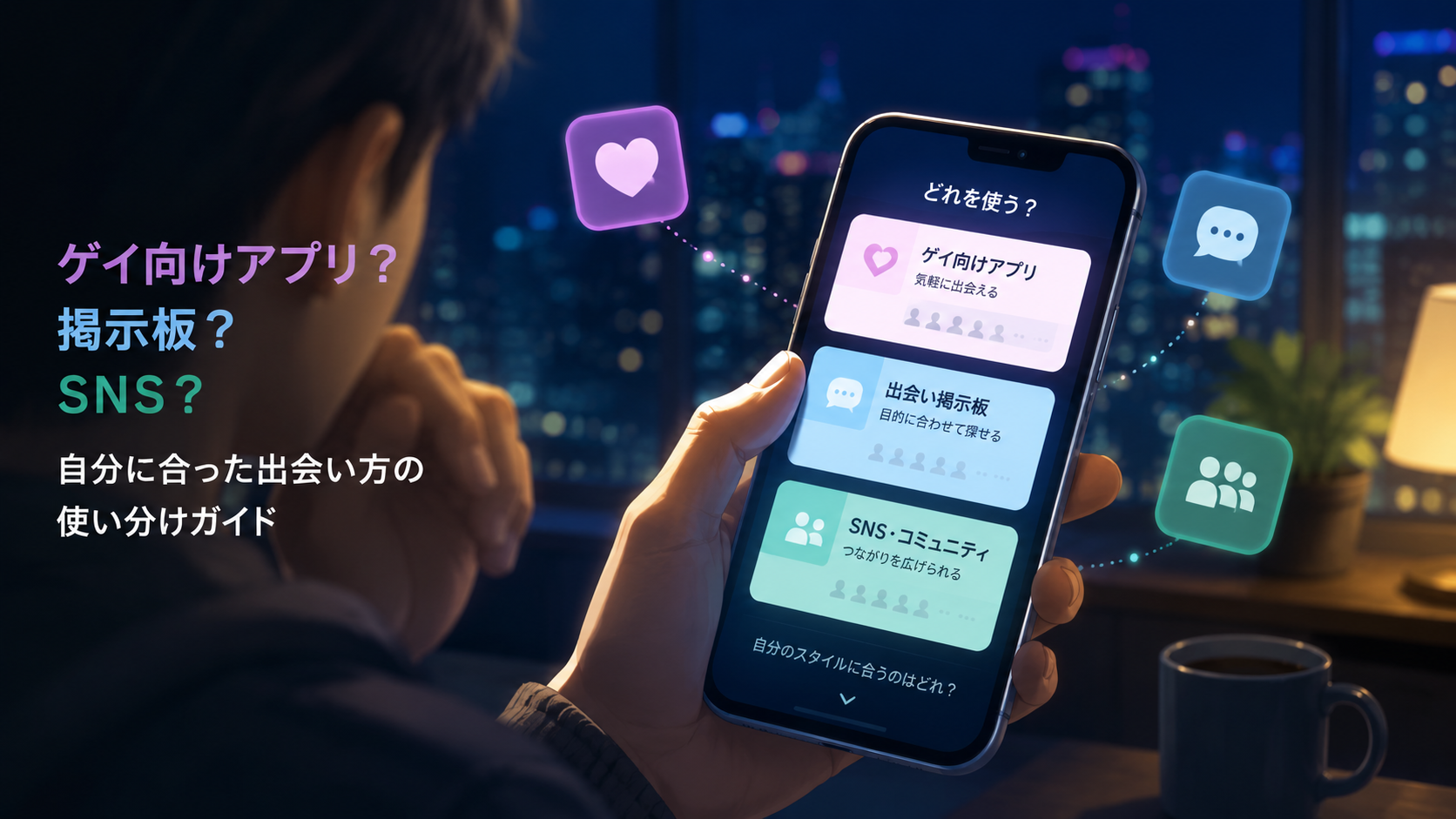 ゲイ向けアプリ、掲示板、SNSの使い分けをスマホで考えているイメージ